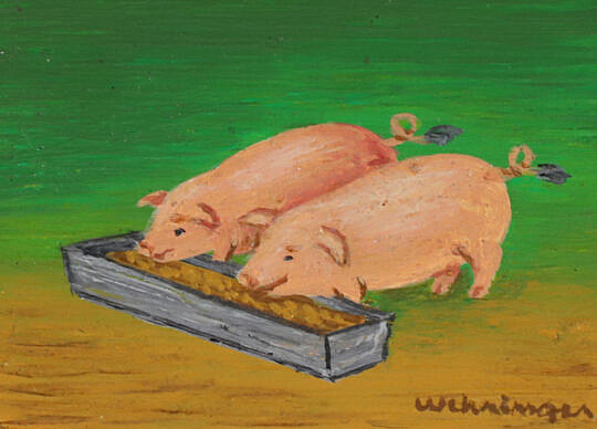 Charles Wehringer Miniature Still Life Oil on Board "Pigs at the Trough"