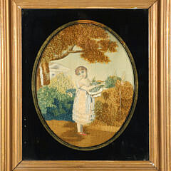 British Regency Needlework on Silk “Young Girl Holding a Basket of Berries”, circa 1820