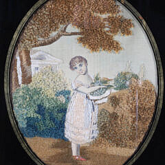 British Regency Needlework on Silk “Young Girl Holding a Basket of Berries”, circa 1820