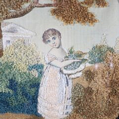 British Regency Needlework on Silk “Young Girl Holding a Basket of Berries”, circa 1820