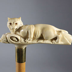 English Carved Jungle Cat L-Grip Cane, circa 1880