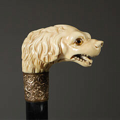 French Carved Glass Eyed Dog Head Cane, circa 1870