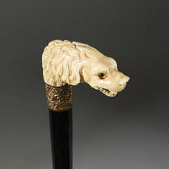 French Carved Glass Eyed Dog Head Cane, circa 1870