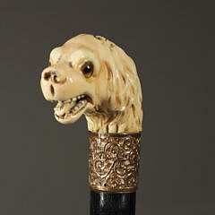 French Carved Glass Eyed Dog Head Cane, circa 1870