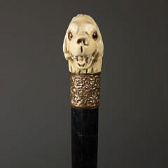 French Carved Glass Eyed Dog Head Cane, circa 1870