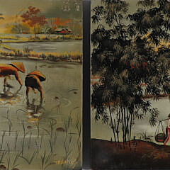 Pair of Lacquerware Paintings on Panels "Rice transplanters", circa 1962