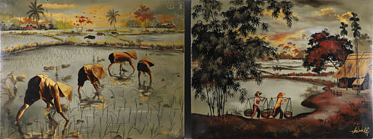 Pair of Lacquerware Paintings on Panels "Rice transplanters", circa 1962