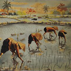 Thanh Ley Pair of Lacquerware Paintings on Panels “Rice Transplanters”, circa 1962
