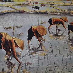Thanh Ley Pair of Lacquerware Paintings on Panels “Rice Transplanters”, circa 1962