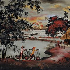Thanh Ley Pair of Lacquerware Paintings on Panels “Rice Transplanters”, circa 1962