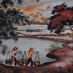 Thanh Ley Pair of Lacquerware Paintings on Panels “Rice Transplanters”, circa 1962