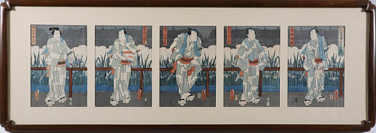 Japanese Five Panel Woodcut Of A Samurai Warrior 