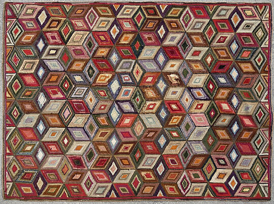 19th Century Tumbling Block Hooked Rug