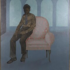 Oil And Silk Screen On Canvas Painting Of Boy And Wing Chair In Blue Interior