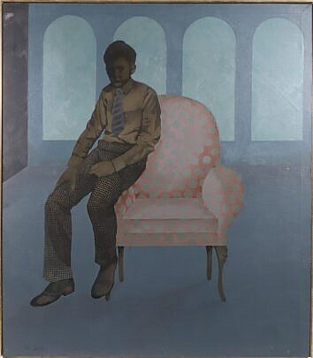 Oil And Silk Screen On Canvas Painting Of Boy And Wing Chair In Blue Interior