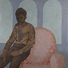 Paul Jasmin Oil And Silk Screen On Canvas “Portrait of a Young Man in a Blue Room”