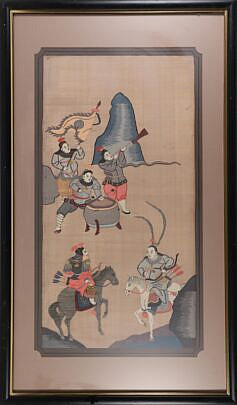 Rare Japanese Kossu Silk Applique and Floss Embroidered Frame Panel of Samurai Warriors on Horseback