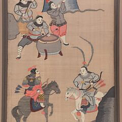 Chinese Kosu Silk Applique and Floss Embroidered Framed Panel of Samurai Warriors on Horseback