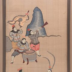 Chinese Kosu Silk Applique and Floss Embroidered Framed Panel of Samurai Warriors on Horseback
