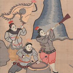 Chinese Kosu Silk Applique and Floss Embroidered Framed Panel of Samurai Warriors on Horseback
