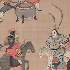 Chinese Kosu Silk Applique and Floss Embroidered Framed Panel of Samurai Warriors on Horseback