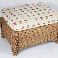 Crosshatch Woven Rattan Wing Chair and Ottoman with Signal Flag Cushions