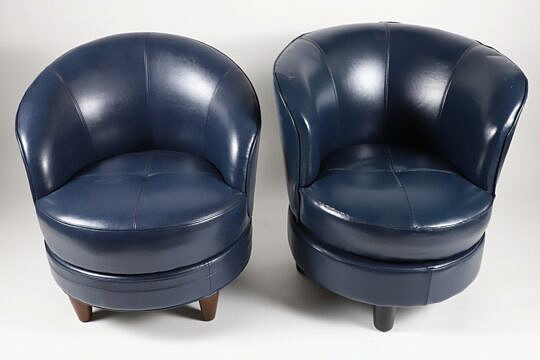 Near Pair of Navy Blue Swivel Chairs