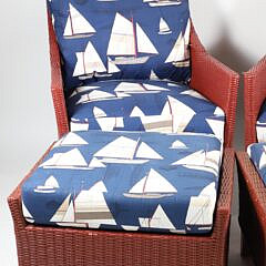 Pair of Braxton Culler Rattan Armchairs and Ottomans with Sailboat Cushions