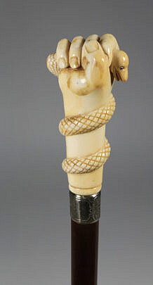 French Carved Maritime Clenched Fist with Snake Walking Stick, circa 1850