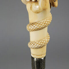 French Carved Maritime Clenched Fist with Snake Walking Stick, circa 1850