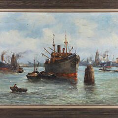 C. Vries Busy Harbor Scene Oil on Canvas