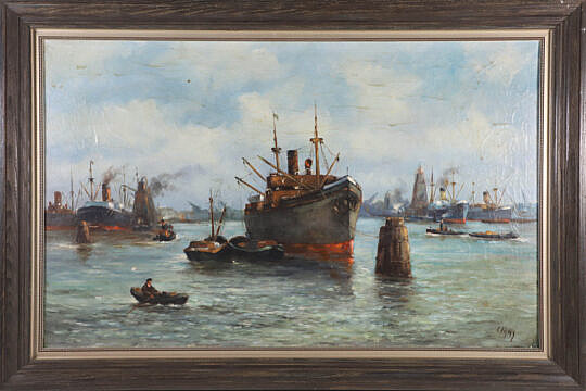 C. Vries Busy Harbor Scene Oil on Canvas