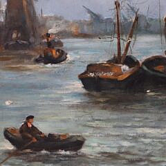Cornelis Antonius de Vries Oil on Canvas “Active Harbor Scene”