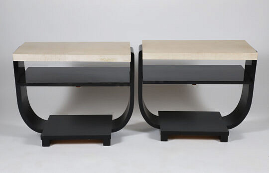 Pair of Art Deco Style Leather and Ebonized Wood Side Tables