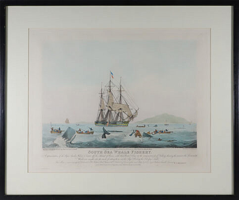 W.J. Huggins Hand Colored Engraving "South Sea Whale Fishery" Published January 1825 by W.J. Huggins Marine Painter