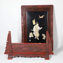 Signed Chinese Red Cinnabar and Mother of Pearl Screen, 19th Century