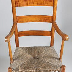 Early American Tiger Maple Ladderback Rush Seat Armchair, 19th Century