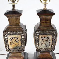 Pair of Chinese Filigree Brass and Carved Stone Lamps