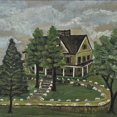 American Folk Art Oil on Linen Home Stead Painting