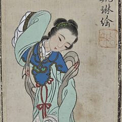 Pair of Antique Chinese Geisha Girl Portraits on Rice Paper