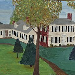 Vintage American Folk Art Oil on Canvas, “Pioneer Homestead”, Painting