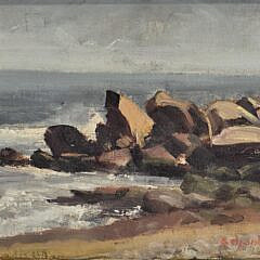 Vintage Oil on Artist Board Cliffside Seascape Painting, 20th century