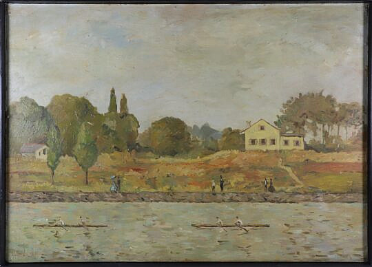 L. Sacks "Crewing on the River" Oil on Board, circa 1896