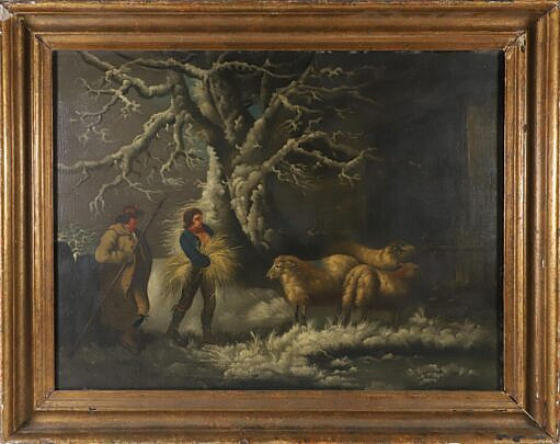 18th Century Oil on Canvas "Winter Wheat for the Sheep"
