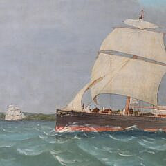 American Maritime Oil on Canvas “Steam Vessel Under Sail with Approaching Fog Bank”, 19th Century