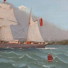 American Maritime Oil on Canvas “Steam Vessel Under Sail with Approaching Fog Bank”, 19th Century