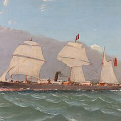 American Maritime Oil on Canvas “Steam Vessel Under Sail with Approaching Fog Bank”, 19th Century