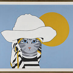 Maggie Meredith Oil on Canvas "Cat in a White Sun Hat", with large sun shining in the background, signed lower left Maggie Meredith, in thin wood frame 