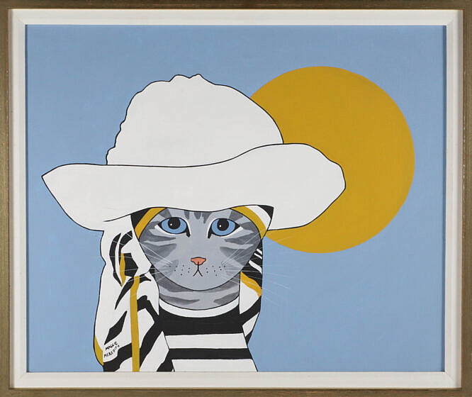 Maggie Meredith Oil on Canvas "Cat in a White Sun Hat", with large sun shining in the background, signed lower left Maggie Meredith, in thin wood frame 