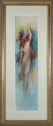 Al Narizzano Watercolor on Paper, "Art Nouveau Woman Walking Away", matted and framed, signed mid-right Narizzano, 2007